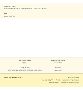 Pila varta lithium cr123a 3v (blister 1 unid.) ø17x34,5mm