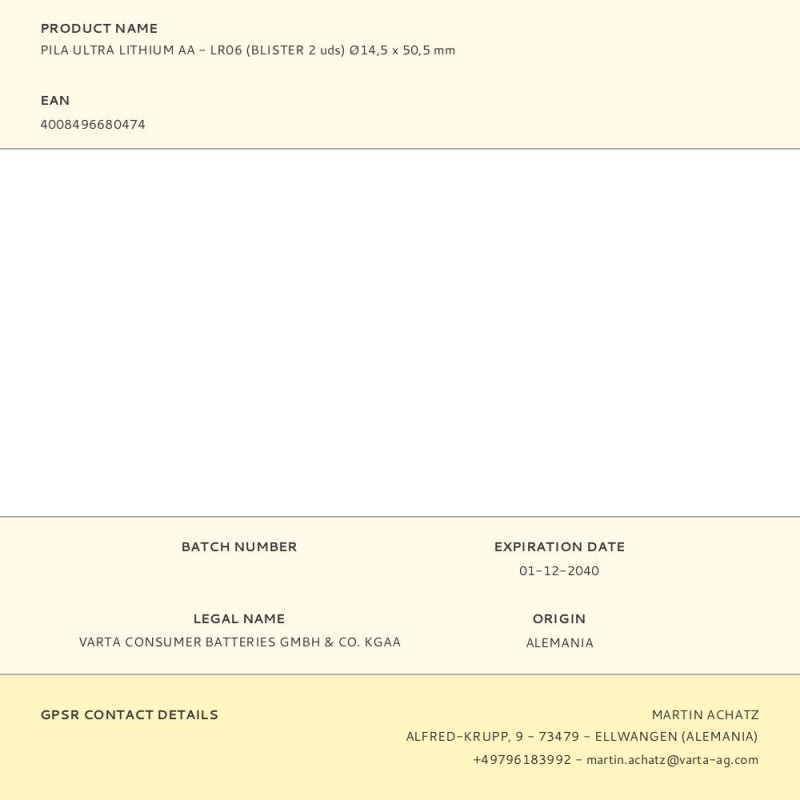 Pila ultra lithium aa - lr06 (blister 2 uds) ø14,5 x 50,5 mm