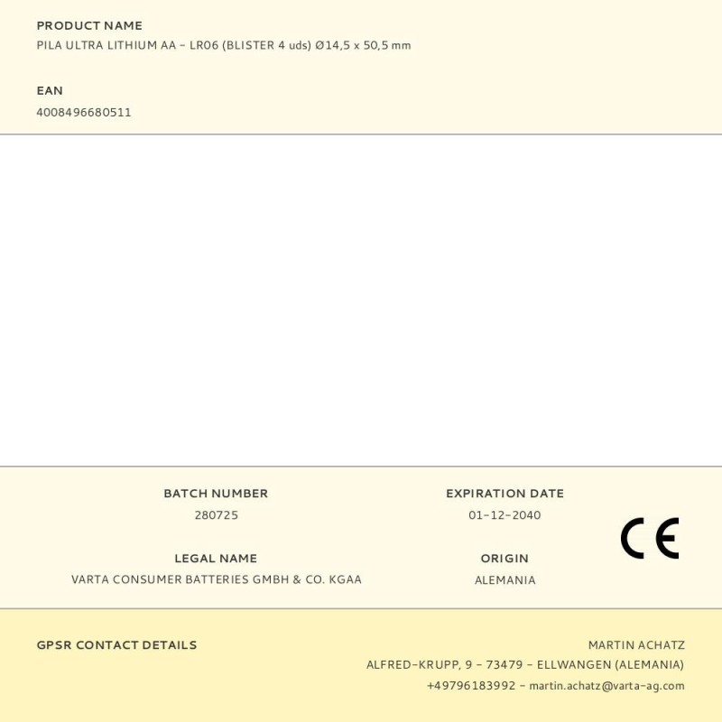 Pila ultra lithium aa - lr06 (blister 4 uds) ø14,5 x 50,5 mm