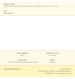 Pila alkalina longlife max power 6lr61- 9 v (blister 1 unid.) 26,5 x 17,5 x 48,5 mm