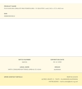 Pila alkalina longlife max power 6lr61- 9 v (blister 1 unid.) 26,5 x 17,5 x 48,5 mm