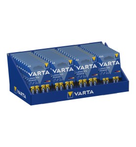 Expositor de carton de sobremesa varta he 30 blister lr06 aa 4 unid. + 13 blisters lr03 aaa 4 unid. varta 36x28x17cm