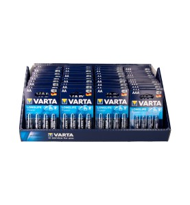 Expositor de carton de sobremesa varta he 30 blister lr06 aa 4 unid. + 13 blisters lr03 aaa 4 unid. varta 36x28x17cm