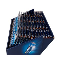 Expositor de carton de sobremesa varta he 30 blister lr06 aa 4 unid. + 13 blisters lr03 aaa 4 unid. varta 36x28x17cm