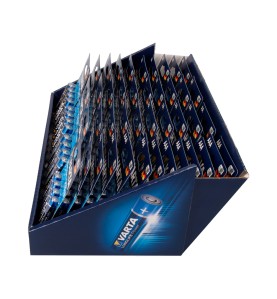 Expositor de carton de sobremesa varta he 30 blister lr06 aa 4 unid. + 13 blisters lr03 aaa 4 unid. varta 36x28x17cm