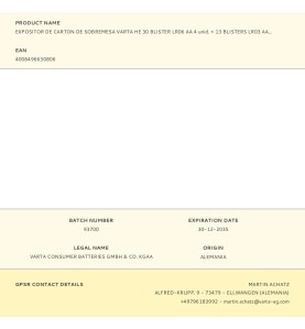 Expositor de carton de sobremesa varta he 30 blister lr06 aa 4 unid. + 13 blisters lr03 aaa 4 unid. varta 36x28x17cm