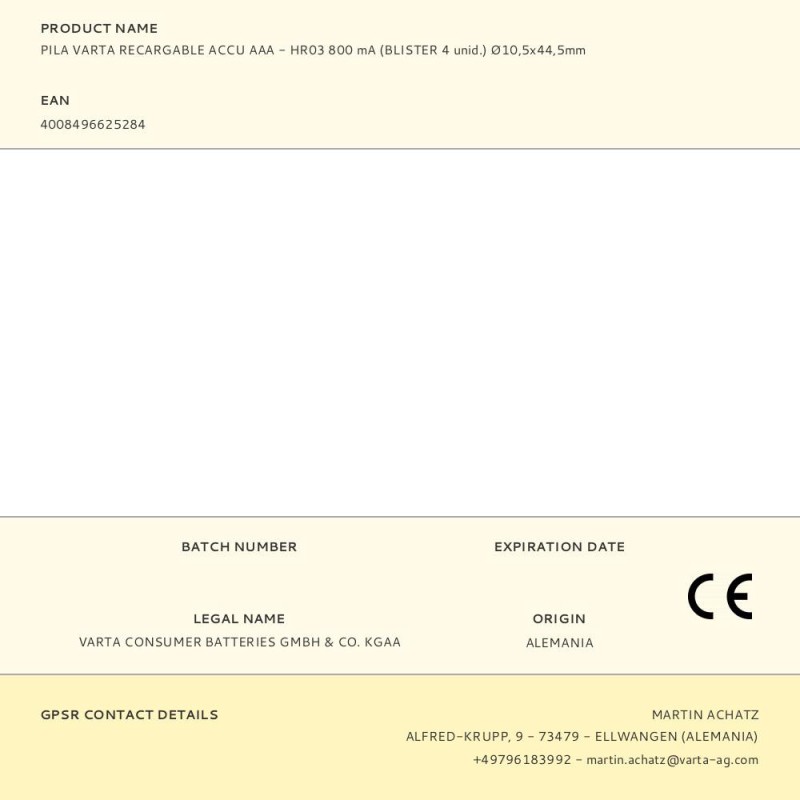 Pila varta recargable accu aaa - hr03 800 ma (blister 4 unid.) ø10,5x44,5mm