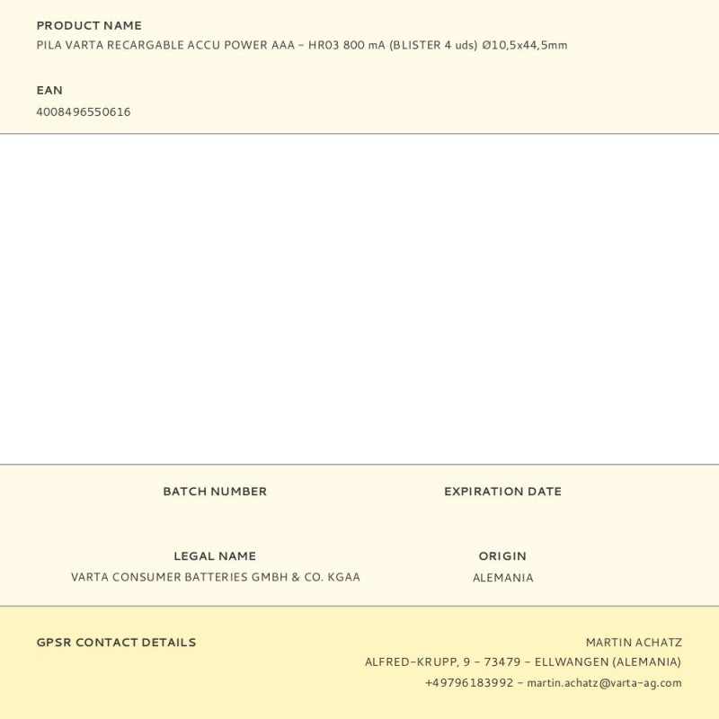 Pila varta recargable accu power aaa - hr03 800 ma (blister 4 uds) ø10,5x44,5mm