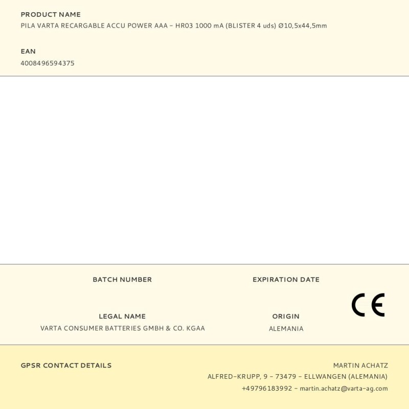 Pila varta recargable accu power aaa - hr03 1000 ma (blister 4 uds) ø10,5x44,5mm