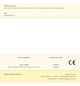 Pila varta recargable accu power aaa - hr03 1000 ma (blister 4 uds) ø10,5x44,5mm