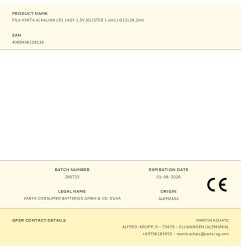 Pila varta alkalina lr1 lady 1,5v (blister 1 unid.) ø12x30,2mm