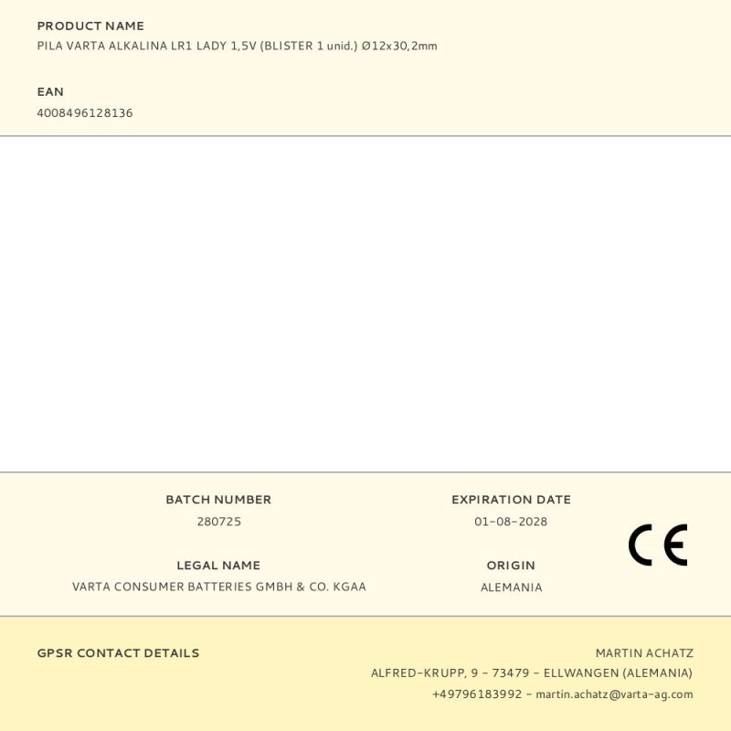 Pila varta alkalina lr1 lady 1,5v (blister 1 unid.) ø12x30,2mm