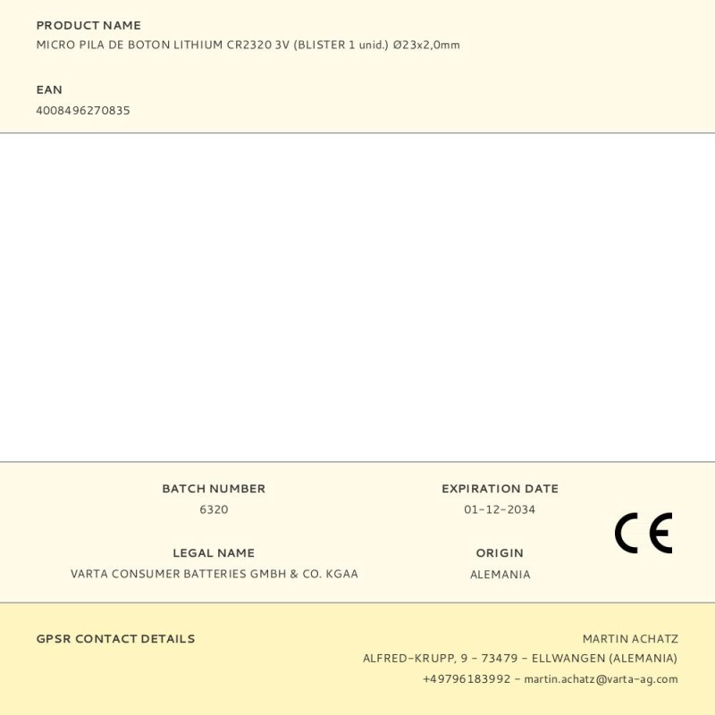 Micro pila de boton lithium cr2320 3v (blister 1 unid.) ø23x2,0mm