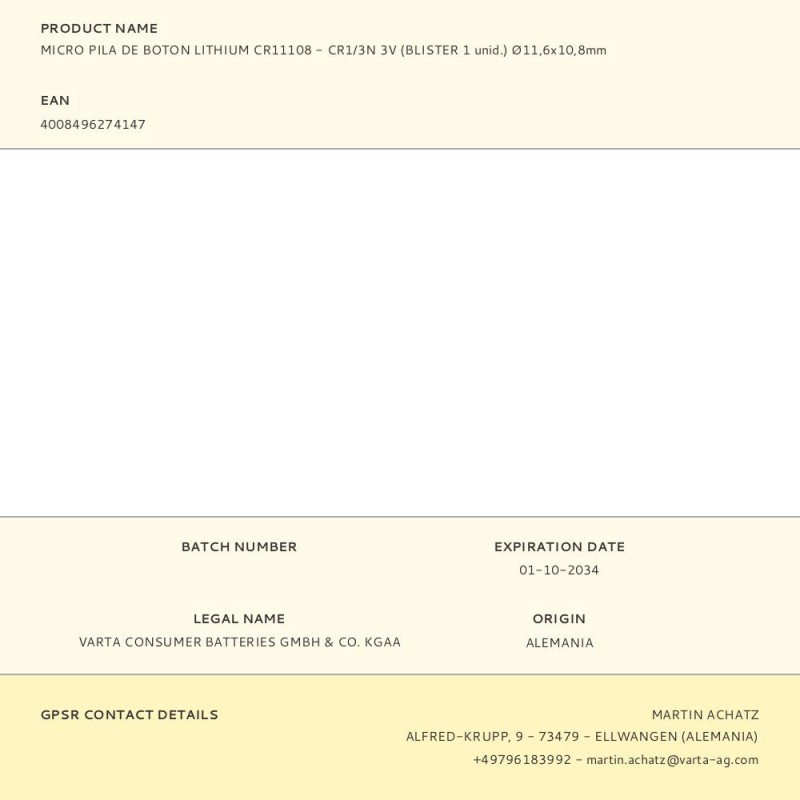 Micro pila de boton lithium cr11108 - cr1/3n 3v (blister 1 unid.) ø11,6x10,8mm
