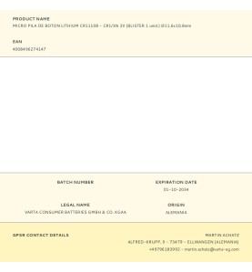 Micro pila de boton lithium cr11108 - cr1/3n 3v (blister 1 unid.) ø11,6x10,8mm