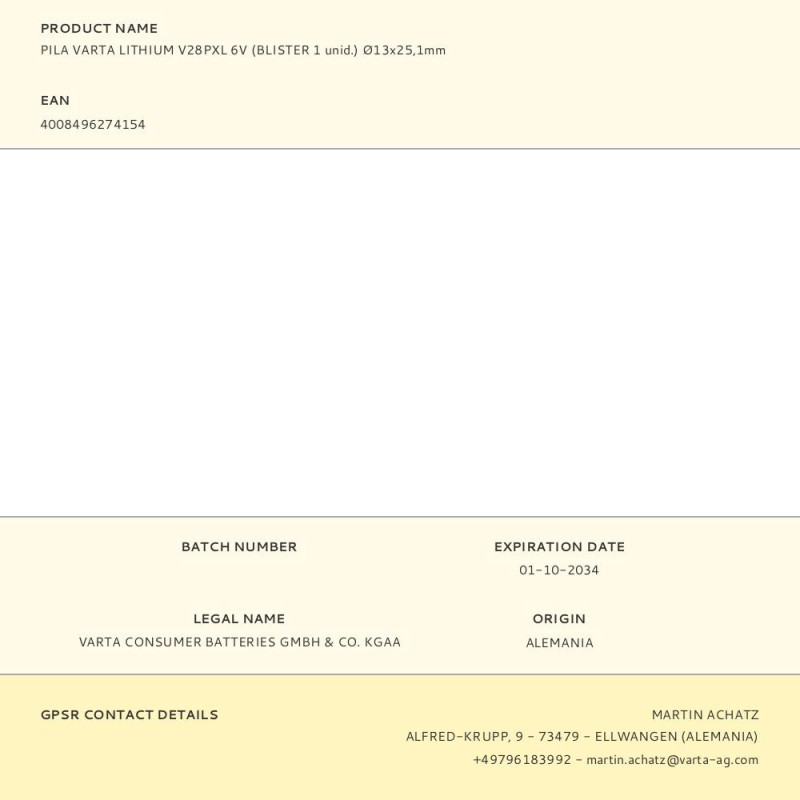 Pila varta lithium v28pxl 6v (blister 1 unid.) ø13x25,1mm