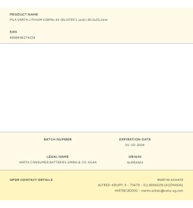 Pila varta lithium v28pxl 6v (blister 1 unid.) ø13x25,1mm