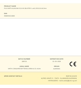 Pila varta alkalina v11a 6v (blister 1 unid.) ø10,22x16,5mm