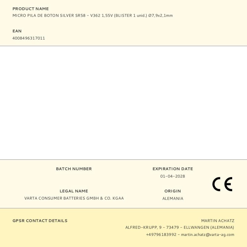 Micro pila de boton silver sr58 - v362 1,55v (blister 1 unid.) ø7,9x2,1mm