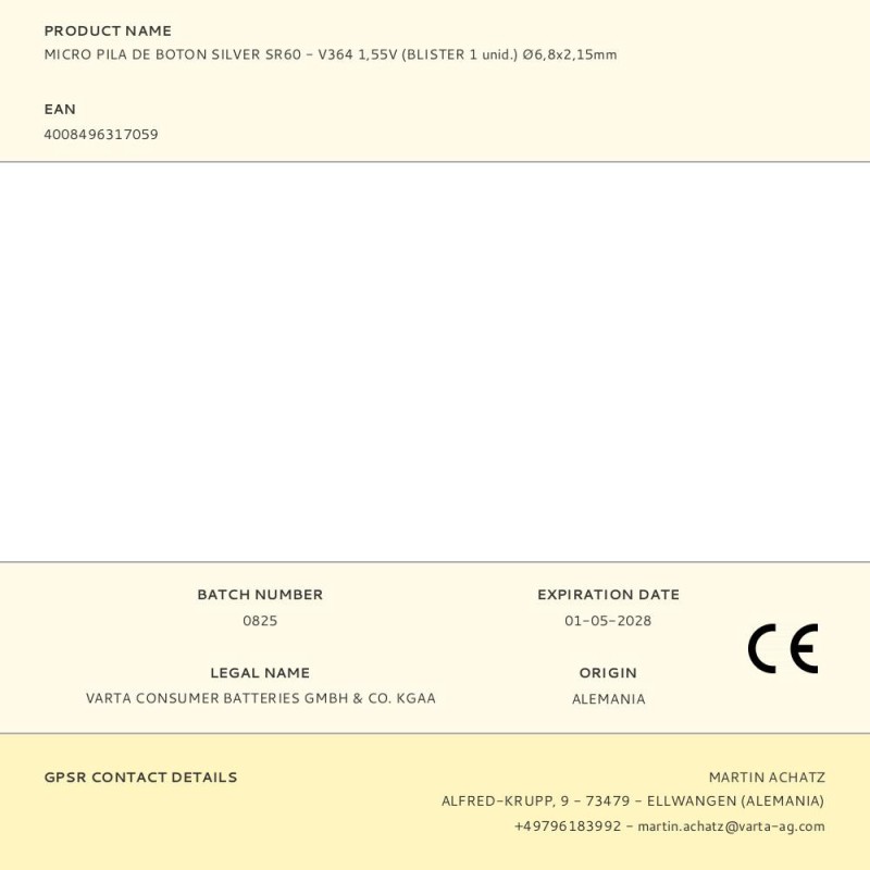 Micro pila de boton silver sr60 - v364 1,55v (blister 1 unid.) ø6,8x2,15mm