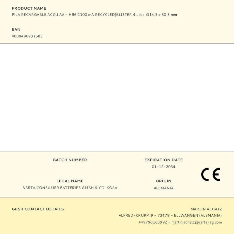 Pila recargable accu aa - hr6 2100 ma recycled(blister 4 uds) ø14,5 x 50,5 mm