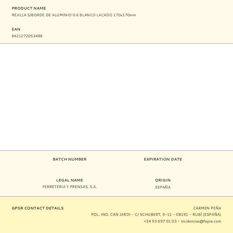 Rejilla s/borde de aluminio 0.6 blanco lacado 170x170mm