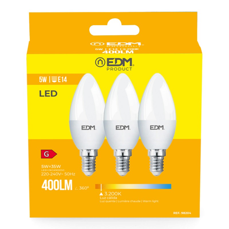Kit 3 bombillas vela led e14 5 w 400 lm 3200 k luz calida ø3,6 x 10 cm