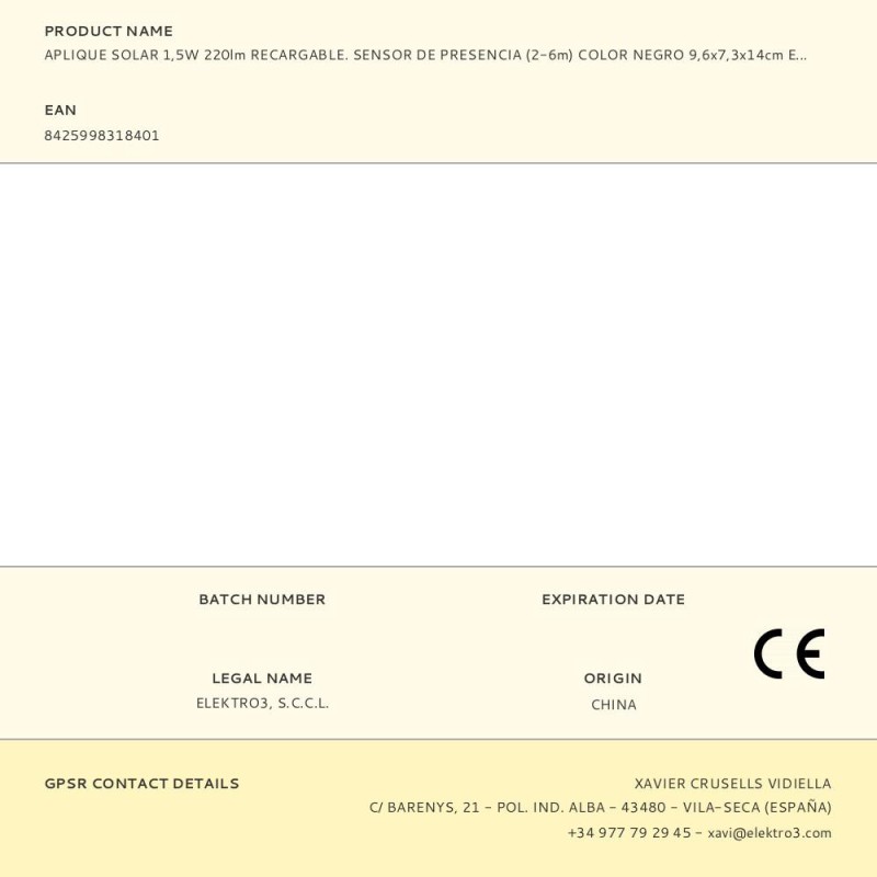 Aplique solar 1,5w 220lm recargable. sensor de presencia (2-6m) color negro 9,6x7,3x14cm edm