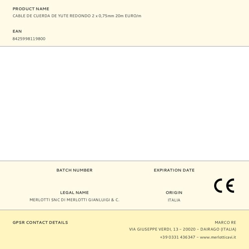 Cable de cuerda de yute redondo 2 x 0,75mm 20m euro/m