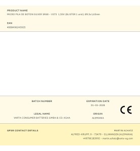 Micro pila de boton silver sr68 - v373 1,55v (blister 1 unid.) ø9,5x1,65mm