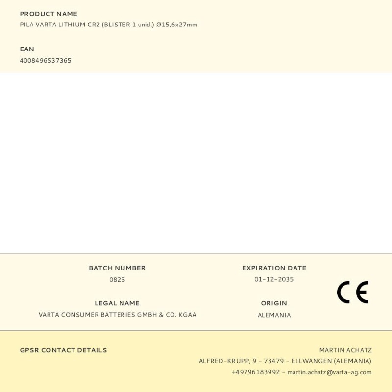 Pila varta lithium cr2 (blister 1 unid.) ø15,6x27mm