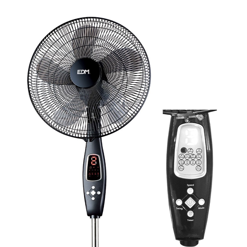 Ventilador de pie mando a distancia, negro, potencia 60 w 62,9 db aspas ø40 cm, altura regulable 110-130 cm