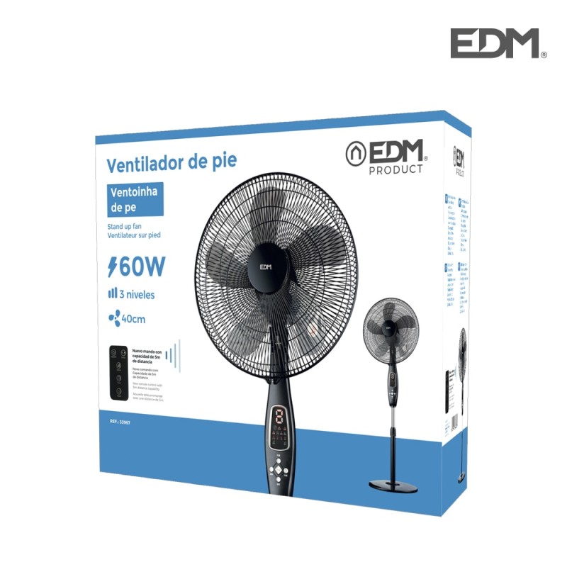 Ventilador de pie mando a distancia, negro, potencia 60 w 62,9 db aspas ø40 cm, altura regulable 110-130 cm