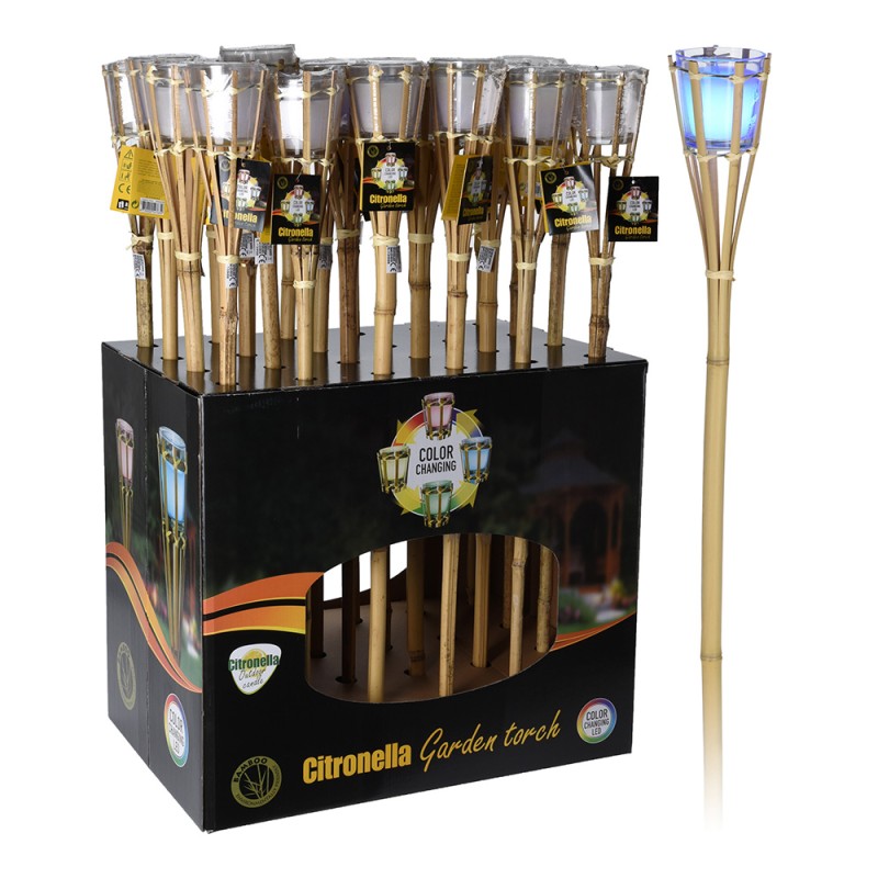 Antorcha de bamboo color natural con vela de led rgb y perfumada a pilas 77cm