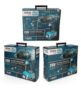 Kit taladro percutor/atornillador 20 v con 2 baterias 2.0a y cargador 22,5 x 20,3 cm pro series