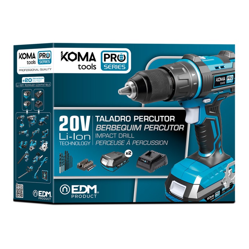 Kit taladro percutor/atornillador 20 v con 2 baterias 2.0a y cargador 22,5 x 20,3 cm pro series