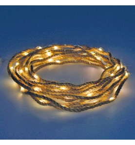 Guirnalda a pilas fija 50 microleds cuerda de yute luz blanco calido 5,03m