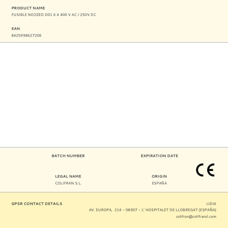 Fusible neozed d01 6 a 400 v ac / 250v dc