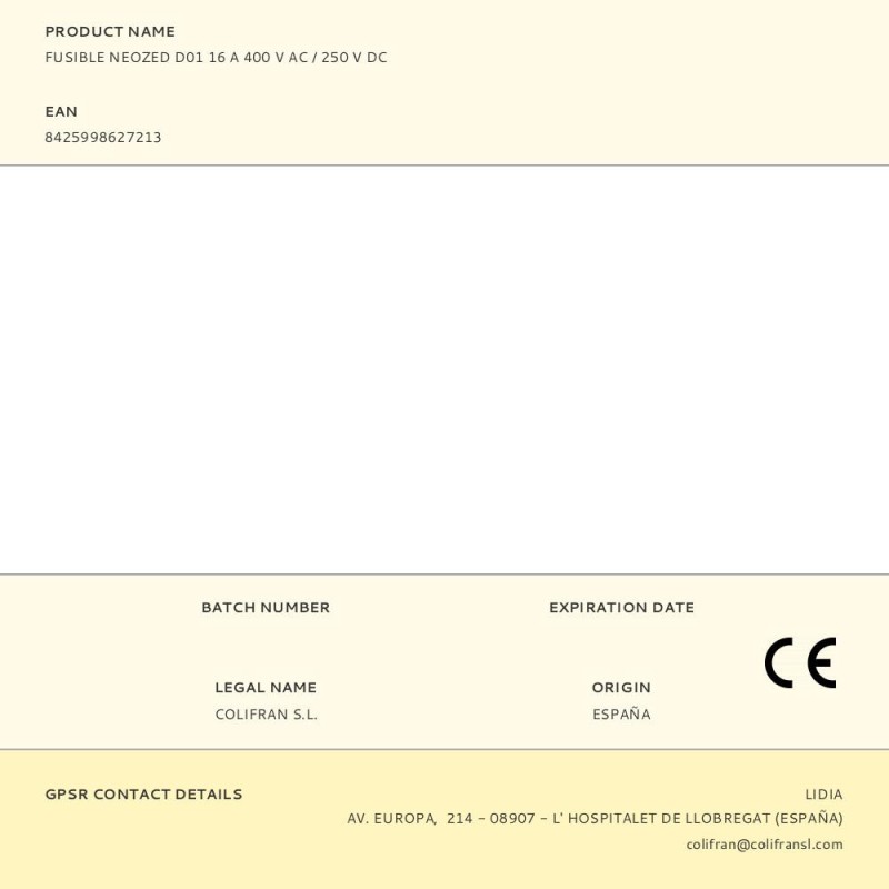 Fusible neozed d01 16 a 400 v ac / 250 v dc