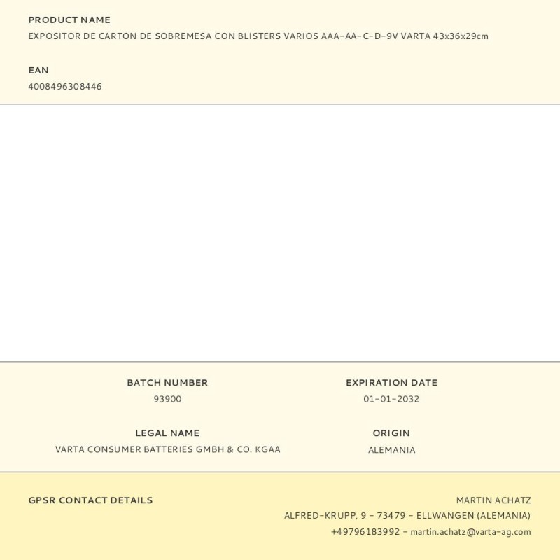 Expositor de carton de sobremesa con blisters varios aaa-aa-c-d-9v varta 43x36x29cm