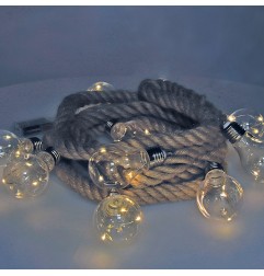 Guirnalda a pilas fija 10 bombillas con 3 leds cada bombilla. cuerda de yute luz blanco calido 3,15 m