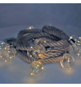 Guirnalda a pilas fija 10 bombillas con 3 leds cada bombilla. cuerda de yute luz blanco calido 3,15 m