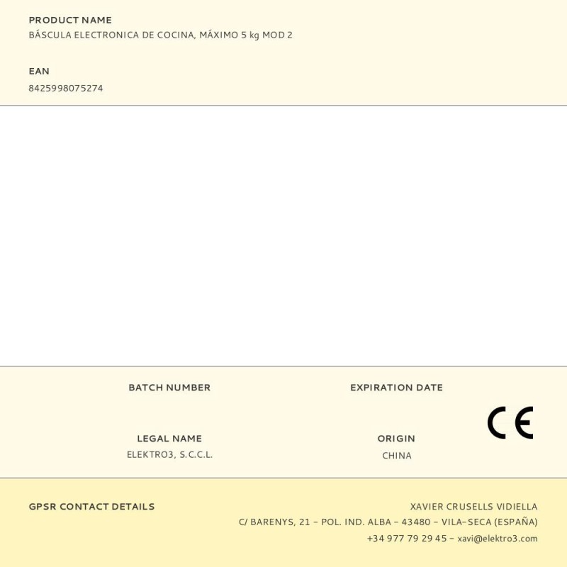 Báscula electronica de cocina, máximo 5 kg mod 2