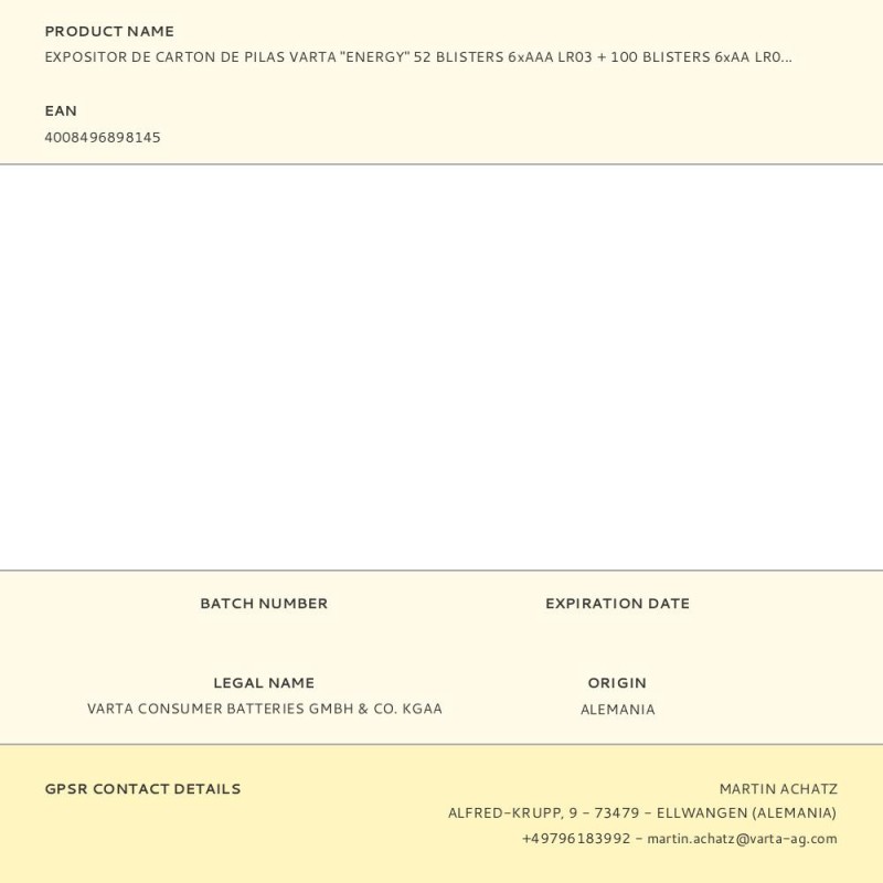 Expositor de carton de pilas varta "energy" 52 blisters 6xaaa lr03 + 100 blisters 6xaa lr06 varta 40x40x148cm