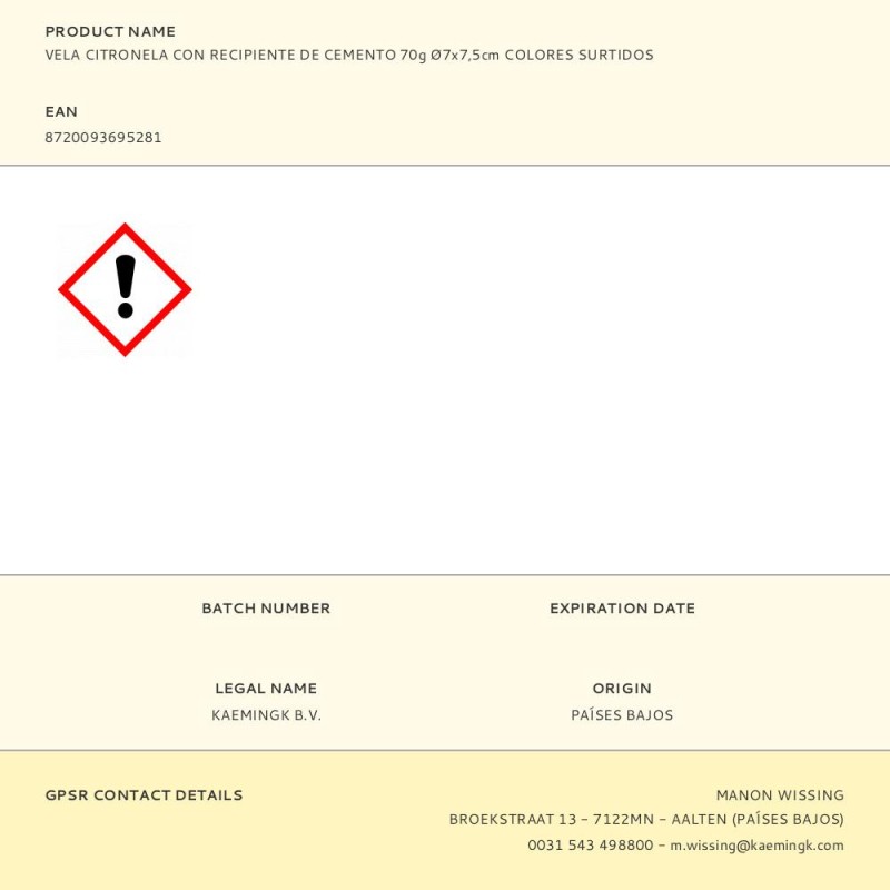 Vela citronela con recipiente de cemento 70g ø7x7,5cm colores surtidos