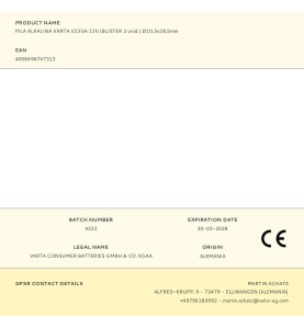 Pila alkalina varta v23ga 12v (blister 2 unid.) ø10,3x28,5mm