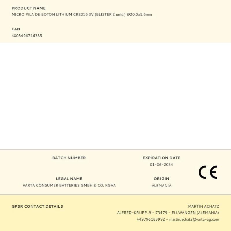 Micro pila de boton lithium cr2016 3v (blister 2 unid.) ø20,0x1,6mm