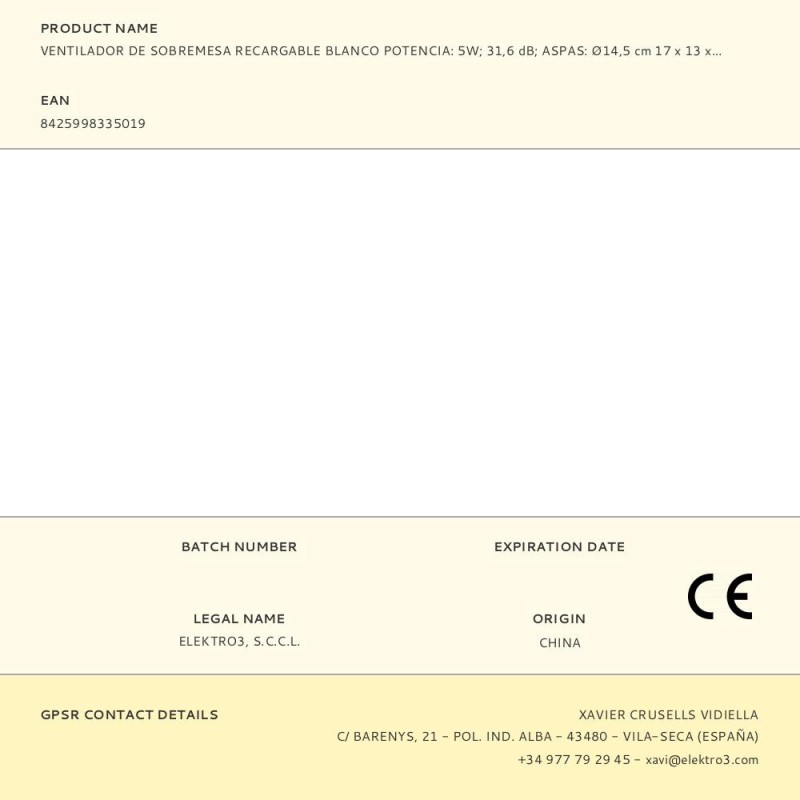 Ventilador de sobremesa recargable blanco potencia: 5w 31,6 db aspas: ø14,5 cm 17 x 13 x 26 cm