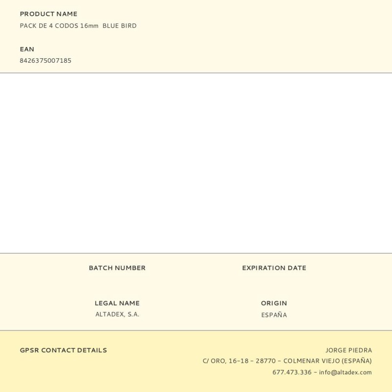 Pack de 4 codos 16mm blue bird