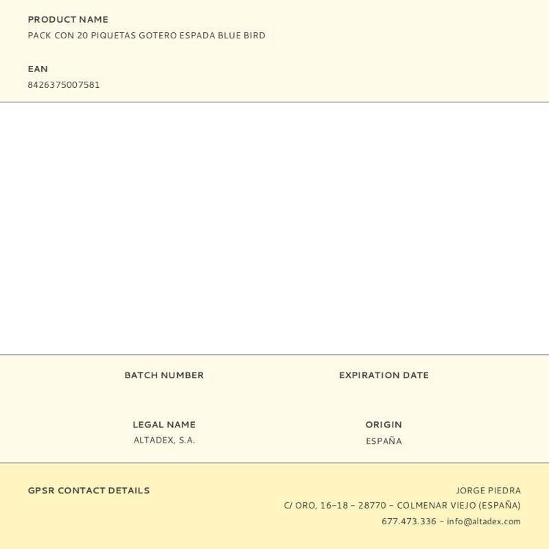 Pack con 20 piquetas gotero espada blue bird